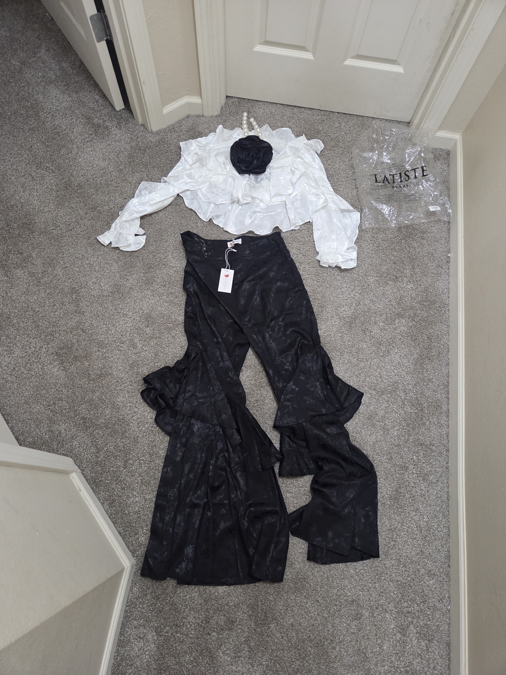 L'ATISTE Black Satin-Look Flared Ruffle Pants